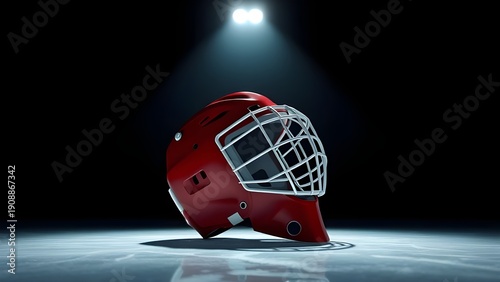 red hockey goalie helmet with a white cage on an ice rink