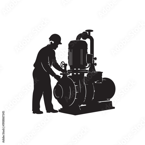 Mechanical engineer silhouette maintaining industrial pump machinery at production facility professional technician wearing protective gear working on heavy equipment system maintenance and repair