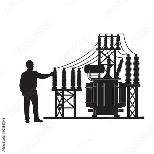 Industrial electrician silhouette working on high voltage power transformer and electrical substation equipment with wires and insulators flat vector illustration