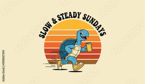 A turtle wearing sneakers and running with a coffee cup against a retro sunset background, embodying 'Slow & Steady Sundays' and weekend relaxation.