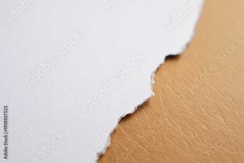 Torn Paper: The image captures a detailed close-up of torn white paper, showcasing its texture and the rugged edges against a warm, textured background. The play of light and shadow.