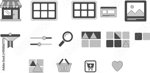Website builder and ecommerce interface icons set featuring online store, layout grids, filters, gallery, shopping cart, wishlist, and content management elements