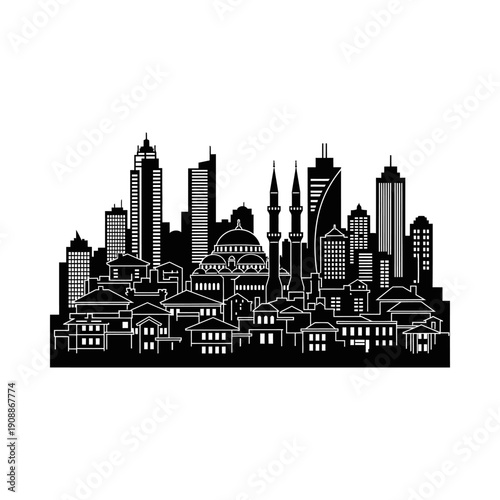 Black and white cityscape with skyscrapers and mosque towers at dusk urban landscape illustration