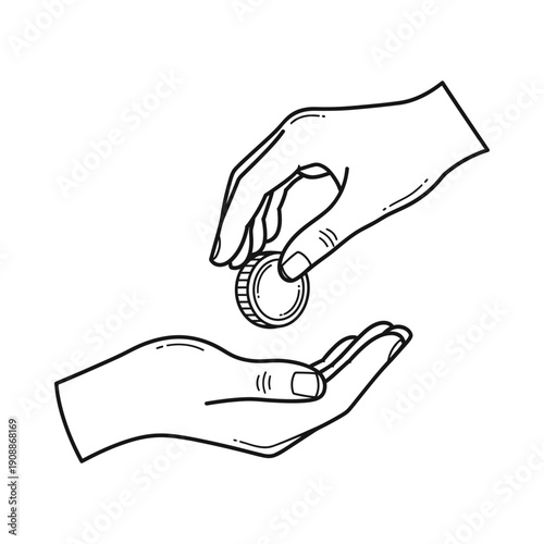 Hands exchanging a coin symbolizing charity donation or financial transaction with a simple line art style