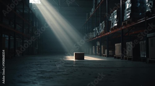 Mysterious Box in Dimly Lit Warehouse.