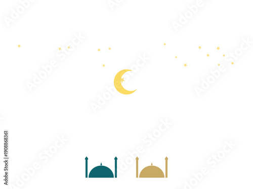 Eid Islamic Ramadan crescent moon and mosque lanterns minimalist vector illustration with soft golden glow on pale sky background