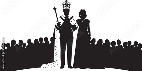 Silhouette of a King and Queen in regal attire standing before a crowd of onlookers.