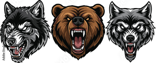 Aggressive animal head vector illustrations, snarling wolf and roaring bear designs, bold wild predator artwork, fierce decorative graphic pattern