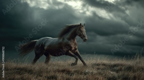 A beautiful horse gallops across the sand, against a magnificent sky: a stunning display of elegance and power in nature.