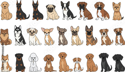 Dog breed vector illustration megaset with Golden Retriever German Shepherd Poodle and Pug for pet industry branding and veterinary apps