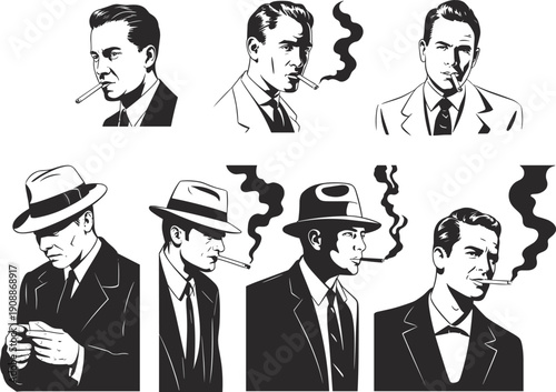 Vintage noir style vector set of men in suits and hats smoking cigarettes with smoke clouds in black and white retro illustration.