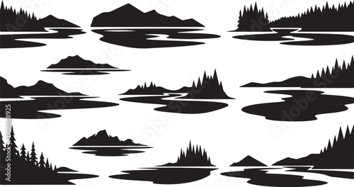 Black Silhouette of Islands and Mountains on White Background