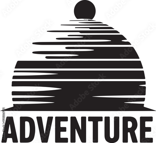 Minimalist adventure logo with mountain and sun isolated on white background