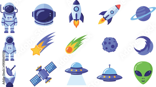 Space and astronomy icons set featuring astronauts, rockets, planets, UFOs, comets, satellites, meteors, and alien science fiction elements