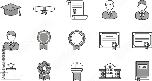 Education and academic achievement line icons set featuring graduation cap, diploma, certificates, awards, medals, students, professors, and university symbols