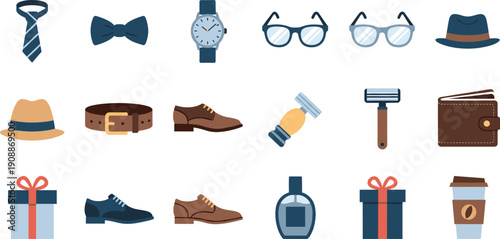 Men fashion and lifestyle icons set featuring clothing accessories, shoes, grooming tools, perfume, gifts, wallet, glasses, and stylish essentials