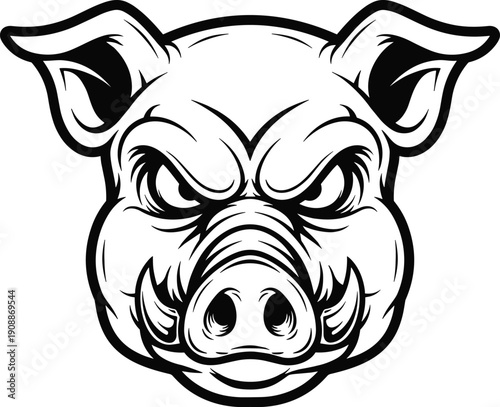 Aggressive pig head illustration, fierce animal face with tusks, bold black and white design, intimidating mascot vector artwork
