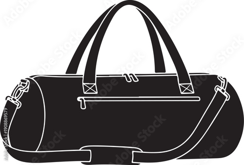 Elegant black leather duffle bag with strap details isolated on white background