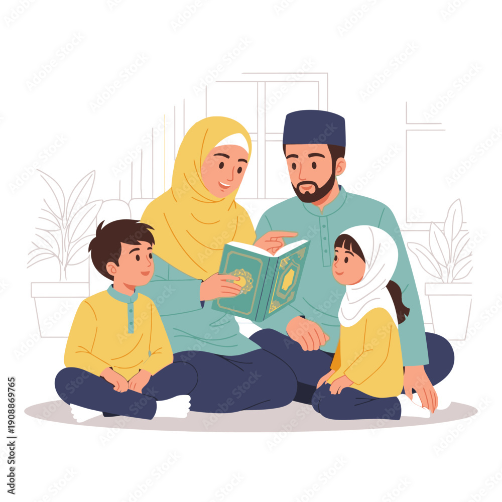 Fototapeta premium Parents Teaching Children Quran at Home.