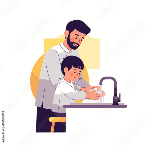 Father Teaching Child Proper Hand Washing