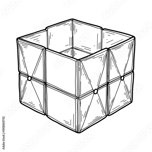Illustration of a foldable drawer cube with geometric design, isolated on a white background, showcasing intricate line detail and modern style