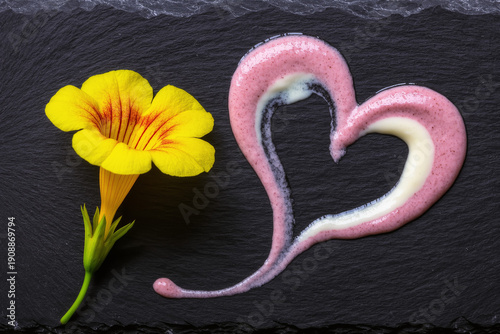 A vibrant yellow trumpet flower with red veins and green stem beside swirled pink and white sauce forming a heart shape on black slate surface.