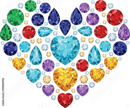 Precious gemstone heart vector composition with ruby sapphire emerald and diamond cuts for luxury jewelry branding or Valentine's Day decor