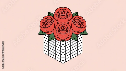 A simple, charming illustration of a basket filled with four vibrant red roses and green leaves against a pale pink background.