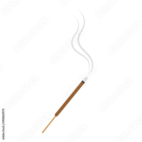 Sandalwood incense stick with rising smoke isolated on a white background, minimalist design