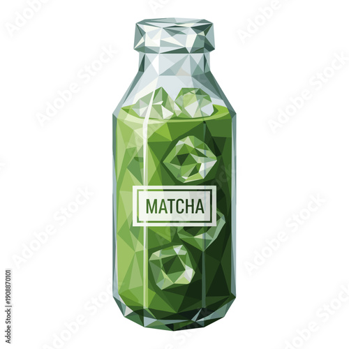 Geometric iced matcha bottle with angular design, isolated on a clean white background, featuring vibrant green hues and artistic polygonal style