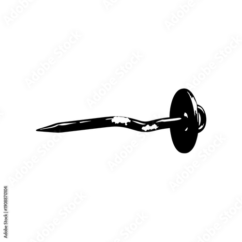 Dulled metal pin with a slightly bent shape isolated on a stark white background, emphasizing its worn appearance and unique contours