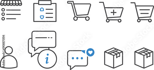 Ecommerce and online shopping line icons set with store menu, checklist, shopping carts, user profile, chat support, information, and delivery boxes