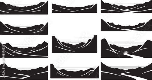 Black and white mountain landscape illustrations with roads and water