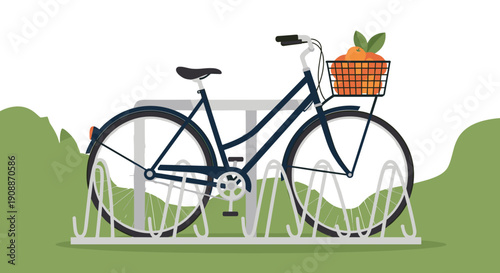 Vector Bicycle with Fruit Basket in Bike Rack, Eco-Friendly Transportation, Healthy Lifestyle Concept, isolated on transparent background, Commercial Stock Illustration