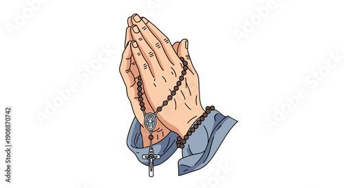 Praying Hands Holding Rosary Beads Illustration. Religious Symbolism. Hopeful Gesture with Catholic Prayer Beads isolated on transparent background. Stock Vector Graphics.