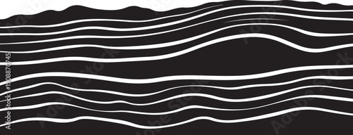 Monochromatic abstract background with wavy white lines on black