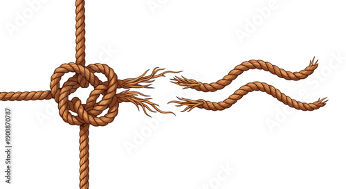 Broken Rope Knot: Conceptual Symbolism of Failure, Tension, and Weakness, isolated on transparent background. Represents Stress, Fracture, and Problem Solving