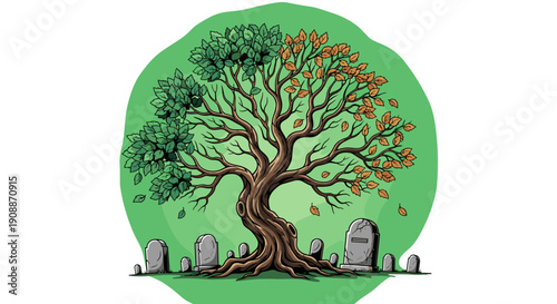 Metaphorical Tree of Life and Death Concept Artwork, Seasons Changing, Cemetery Background, Vector Illustration, Isolated on Transparent Background, Morbid Concept Art