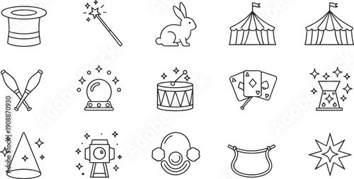 Magic and circus line icons set featuring magician hat, wand, rabbit, cards, crystal ball, drum, fortune telling, and fantasy symbols