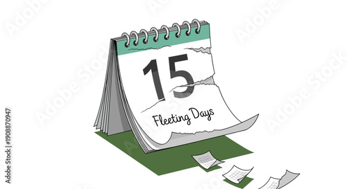 Deadline Countdown Calendar Illustration: Fifteen Days Fleeting, Project Timeline, Reminder - Time Management Concept, Isolated on transparent background.