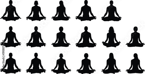 Diverse silhouettes of people meditating in lotus pose, mindfulness practice, yoga meditation group, inner peace and wellness
