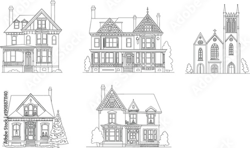 Detailed Victorian houses and Gothic church architectural illustration, ornate windows, decorative trim, spires 