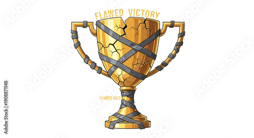 Damaged Gold Trophy: Flawed Victory Symbol, Cartoon Style Award, Scratched and Broken, Imperfect Triumph, Achievement Concept, isolated on transparent background.