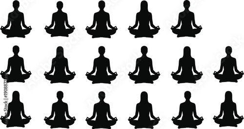 Meditation silhouettes in grid pattern, mindfulness practice, yoga pose, spiritual calmness, wellness lifestyle, inner peace, tranquility illustration