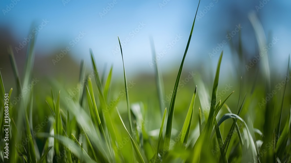Obraz premium Vibrant green grass with a soft focus foreground and clear blue sky, conveying natural freshness.