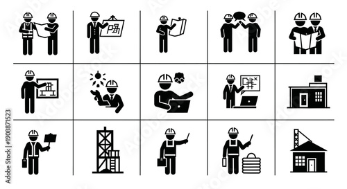 Construction Engineer and Architect Icons Set. Professional Workers, Contractor, and Project Manager Pictograms. Building, Blueprint, and Site Glyphs.
