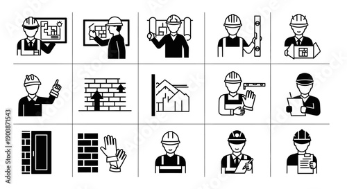 Architecture and Construction Vector Icons: Engineering, Building Process, Safety, Blueprint, Worker, and Foreman Flat Pictogram Set