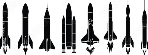 Silhouette collection of rockets and space shuttles in vertical orientation, diverse aerospace designs with flames and propulsion details