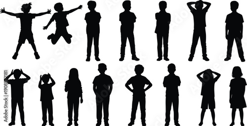 Silhouettes of children in various playful poses, standing, jumping, stretching, and expressing diverse body language on white background