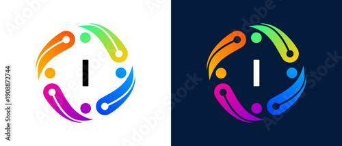 Modern letter “I” logo with a digital technology and connectivity concept Circular abstract design featuring vibrant gradient elements that symbolize innovation, collaboration, 
